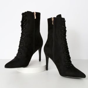 Lulu's Daelyn Black Suede Lace-Up Mid-Calf Booties